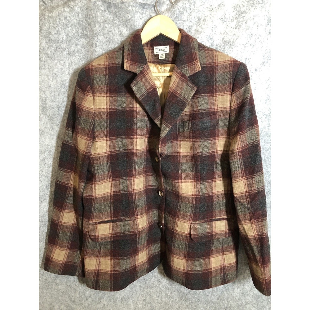 L.L. Bean Coat Women 14P Brown Plaid Jacket Wool Cashmere‎ Blend Lined Classic